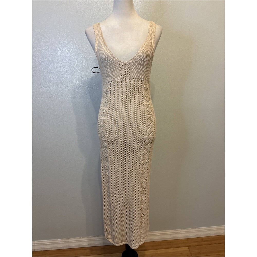 Forever 21 Crochet Knit Maxi Dress Womens M Sleeveless Beige A-Line V-Neck